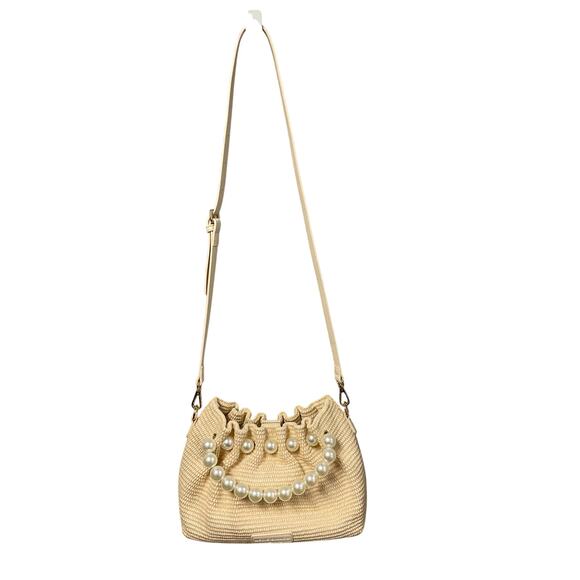 Melie Bianco Josie Natural Small Straw Pearl Embellished Top Handle Bag - Picture 2 of 8